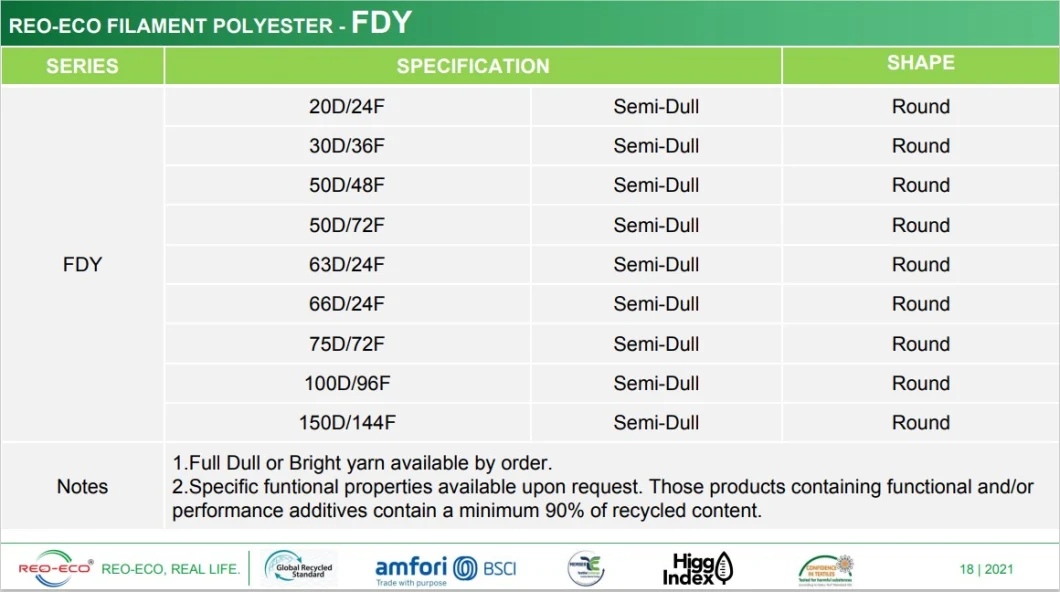 Eco-Friendly Semi-Dull RPET Recycled Polyester FDY Filament Yarn